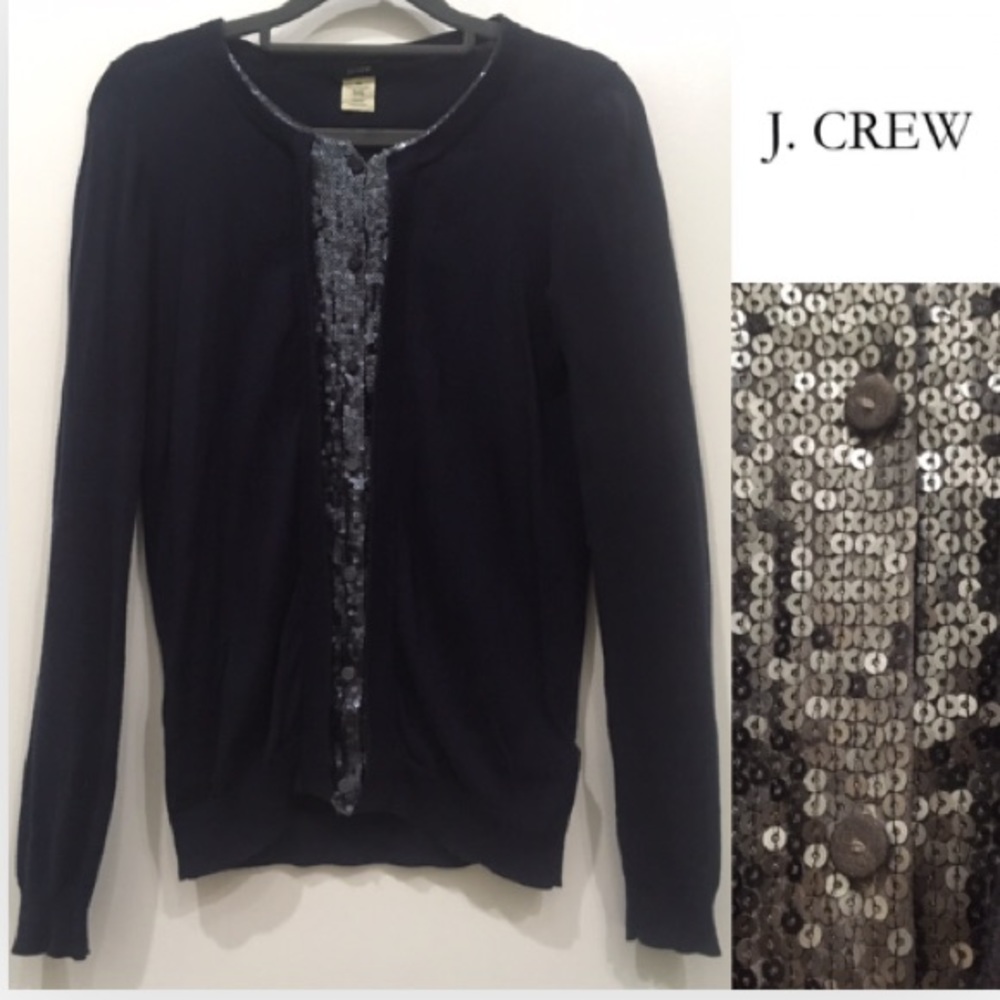 NEARLY NEW J CREW NAVY CARDIGAN W/ SEQUIN TRIM. XS